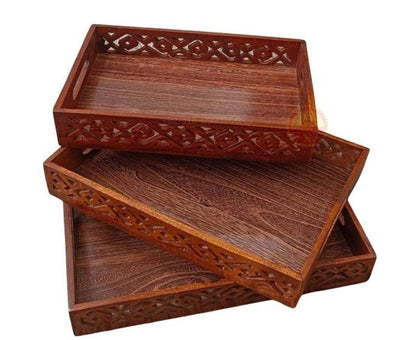 (pack Of 3) Wooden Serving Tray Set With Handles
