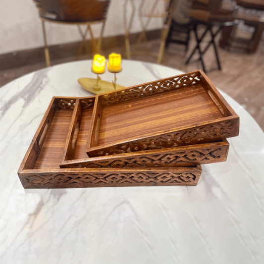 (pack Of 3) Wooden Serving Tray Set With Handles