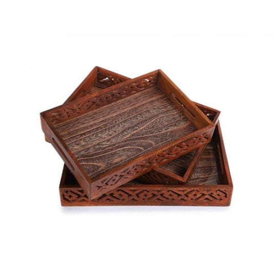 (pack Of 3) Wooden Serving Tray Set With Handles