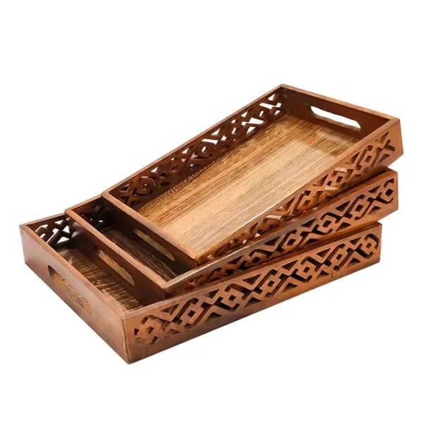 (pack Of 3) Wooden Serving Tray Set With Handles